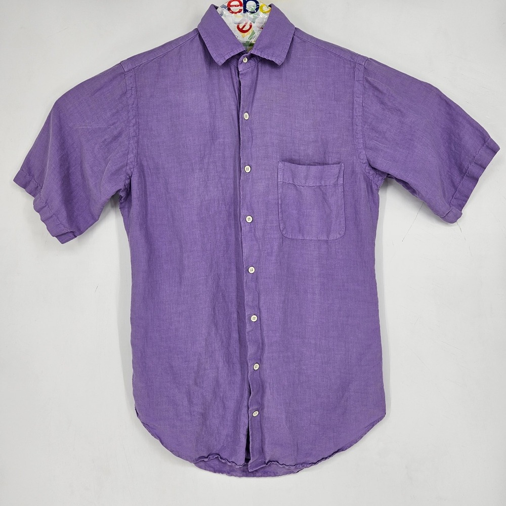 Peter Millar Shirt Mens Small Button Up Short Sleeve Preppy Purple Linen Silk
